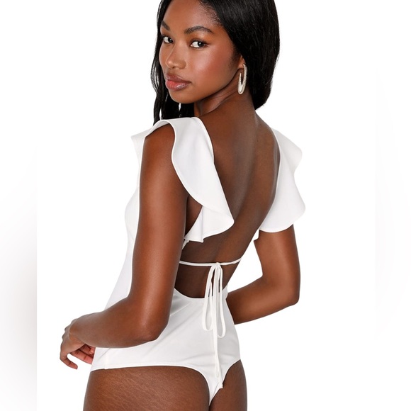 Lulus White Ruffle Sleeve Bodysuit tie back medium NEW - Picture 2 of 6
